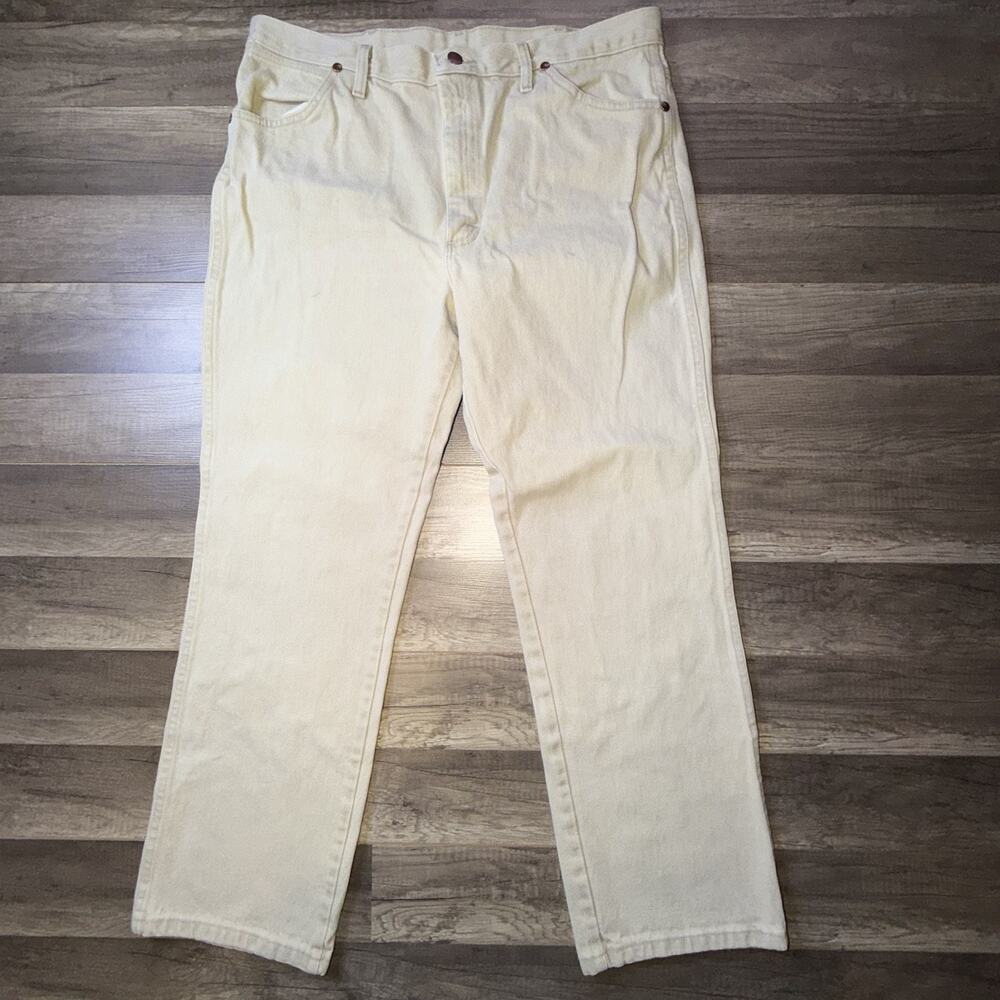 Vintage 90s Wrangler Jeans Mens 38x30 Beige Ecru Denim Straight Leg Western